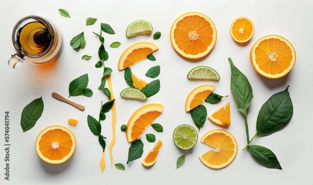  orange slices, limes, and leaves cut in half with a glass of tea on a white surface with a spoon an