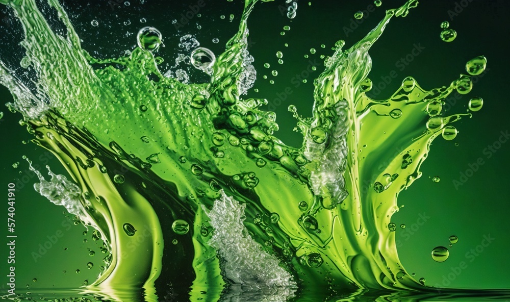  a splash of water with green leaves and bubbles on a green background stock photo - 13899999, via s