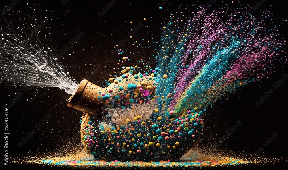  a colorful sprinkle is pouring out of a bottle on a black background with a splash of water on the 