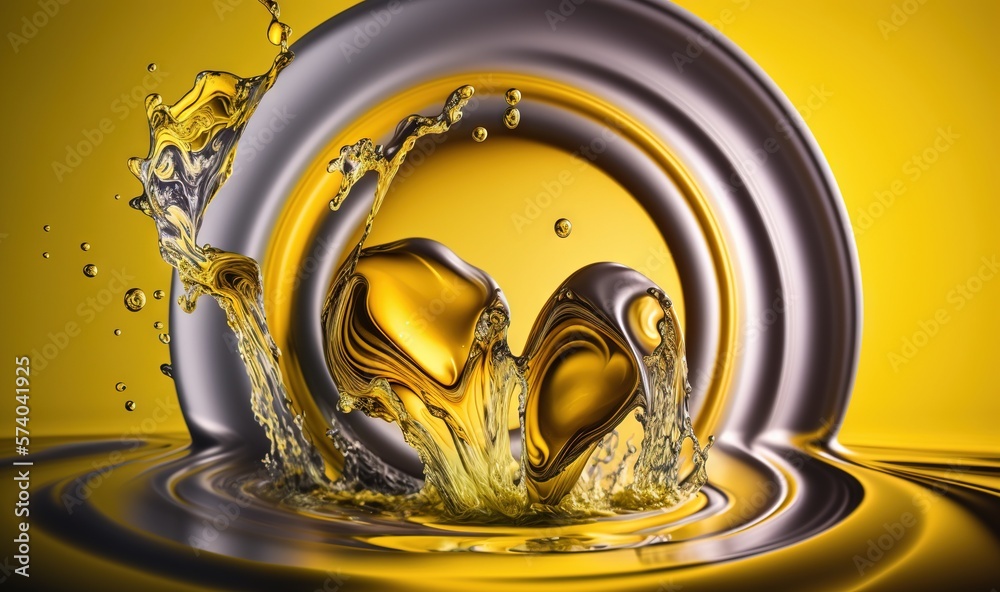  a yellow and silver object with water splashing out of the top of it, with a yellow background and 