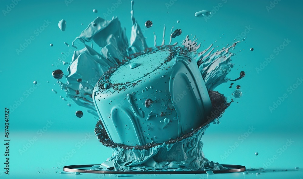  a blue object with water splashing out of its top and a cell phone in the middle of the image, on 