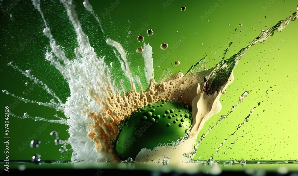  a green bottle with water splashing out of it and a green background with bubbles and water droplet