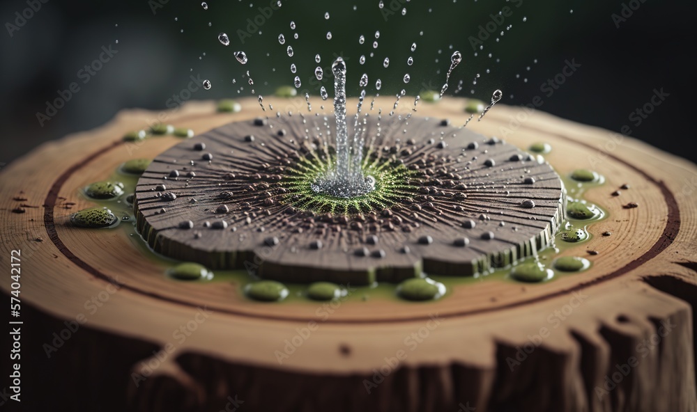  a circular object with drops of water on top of a tree stump in the middle of the picture is a circ