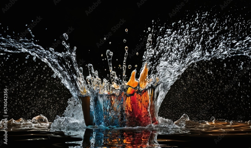  a group of water splashing into a glass of orange juice on a black background with a splash of wate