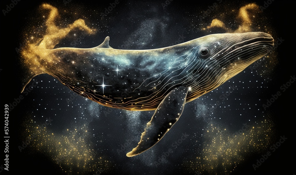  a humpback whale is swimming in the ocean with stars in the sky and clouds in the background, and a