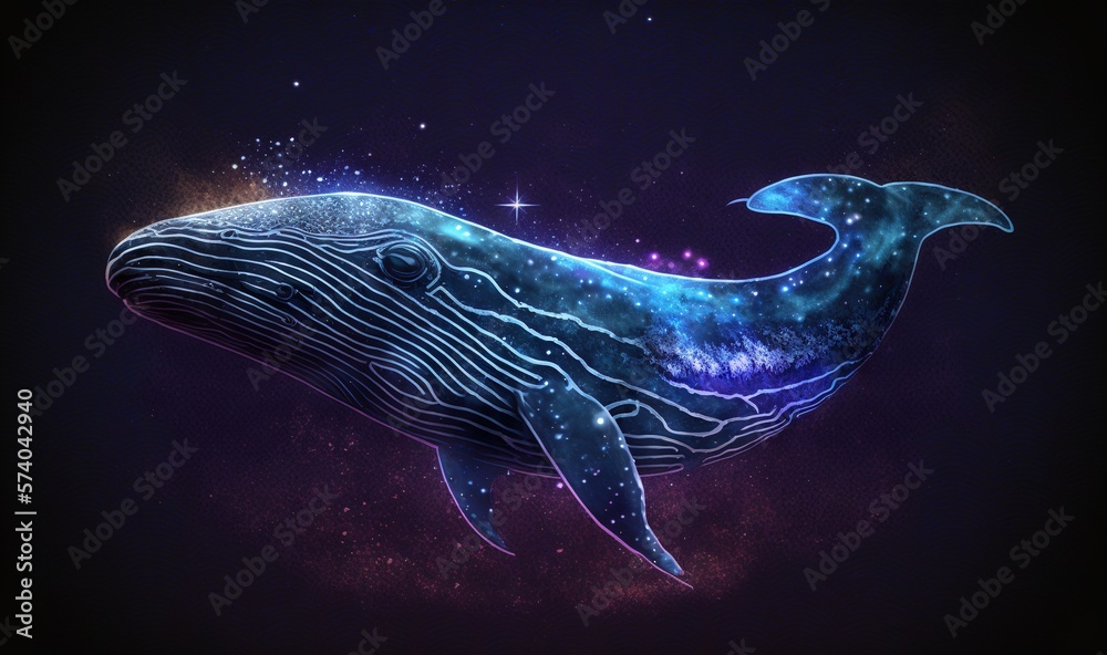  a blue whale floating in the air with stars in the sky behind it and a star filled sky in the backg