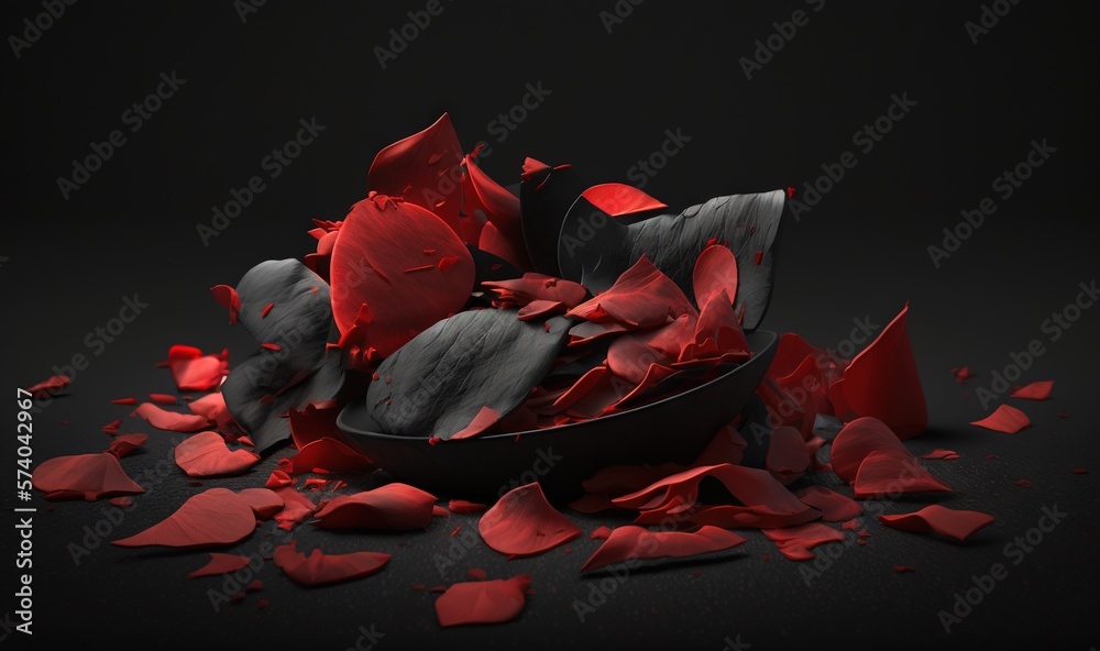  a bowl filled with red petals on top of a black tablecloth covered floor with petals on the floor a