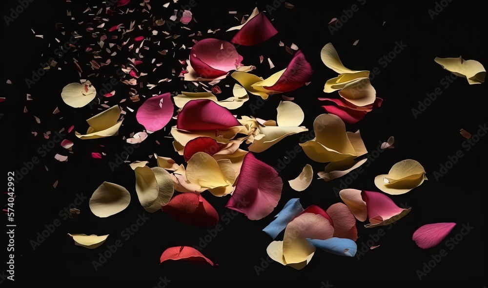  a bunch of flowers that are on the ground in the dark, with petals falling off of the petals and pe