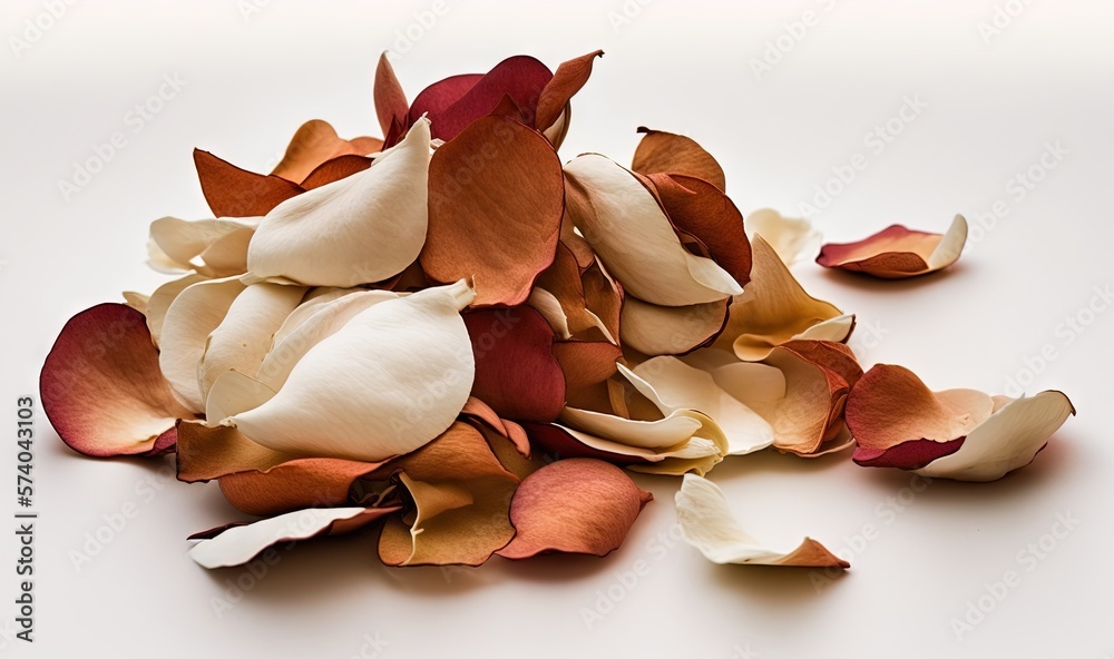  a pile of dried flowers on a white surface with one flower petals still on the ground and one flowe