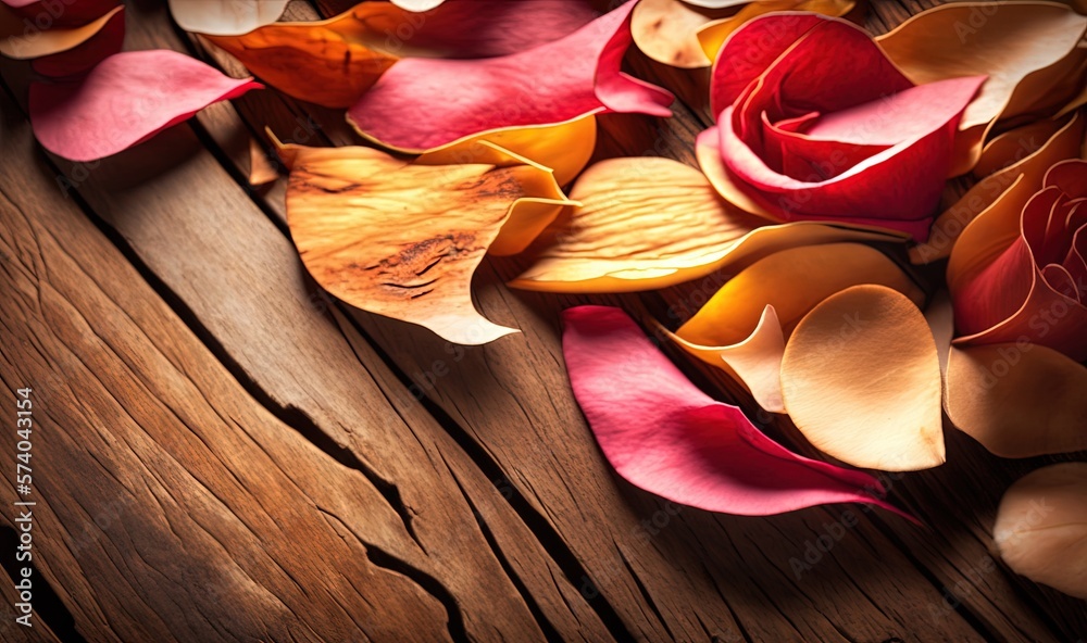  a bunch of flowers that are laying on a wooden table with a wooden surface in the middle of the pic