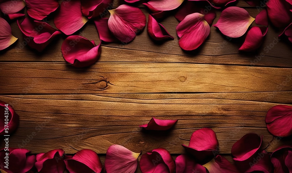  a wooden background with pink petals on the side of the board and a wooden background with red peta