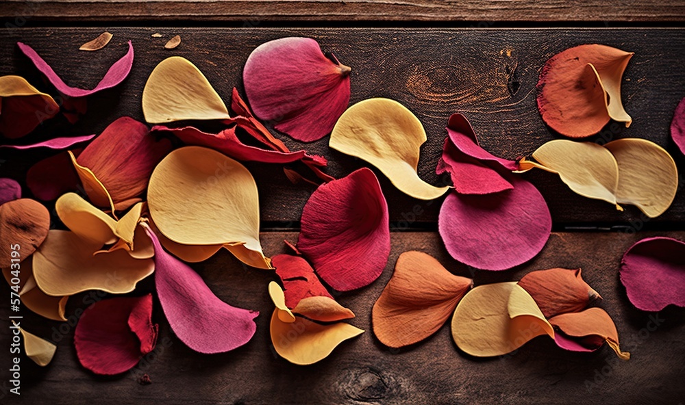  a bunch of flowers that are laying on a wooden surface with petals on the ground and on the ground 