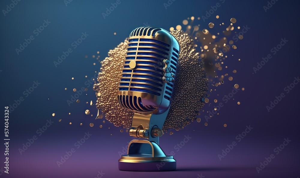  a blue and gold microphone on a purple background with a splash of gold on the top of the microphon