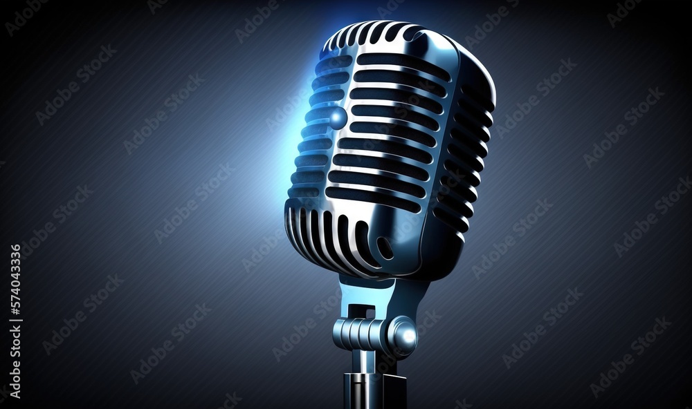  an old fashioned microphone on a black background with a blue light shining through the top of the 