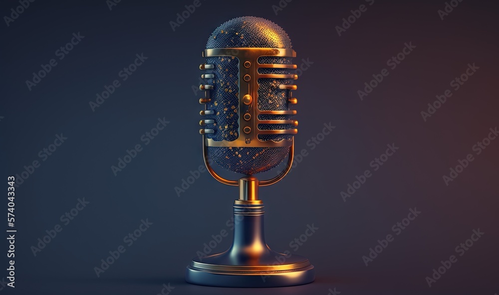  a gold and blue microphone on a black background with a blue and gold background and a black and go