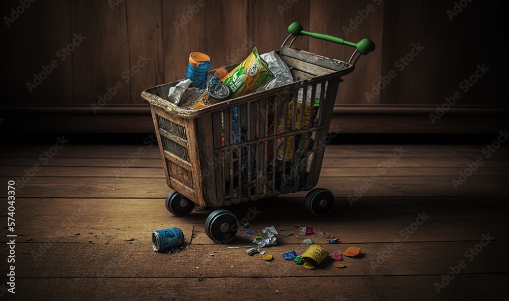  a shopping cart full of garbage on a wooden floor with a wooden wall in the background and a wooden