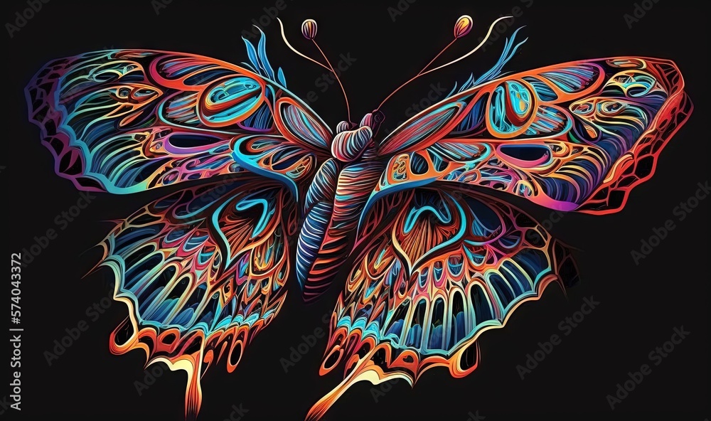  a colorful butterfly with intricate patterns on its wings, on a black background, with a black bac