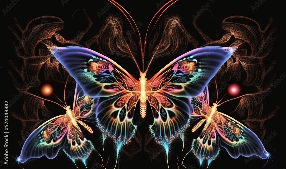  a colorful butterfly with a black background and a red and blue butterfly with a yellow center on t