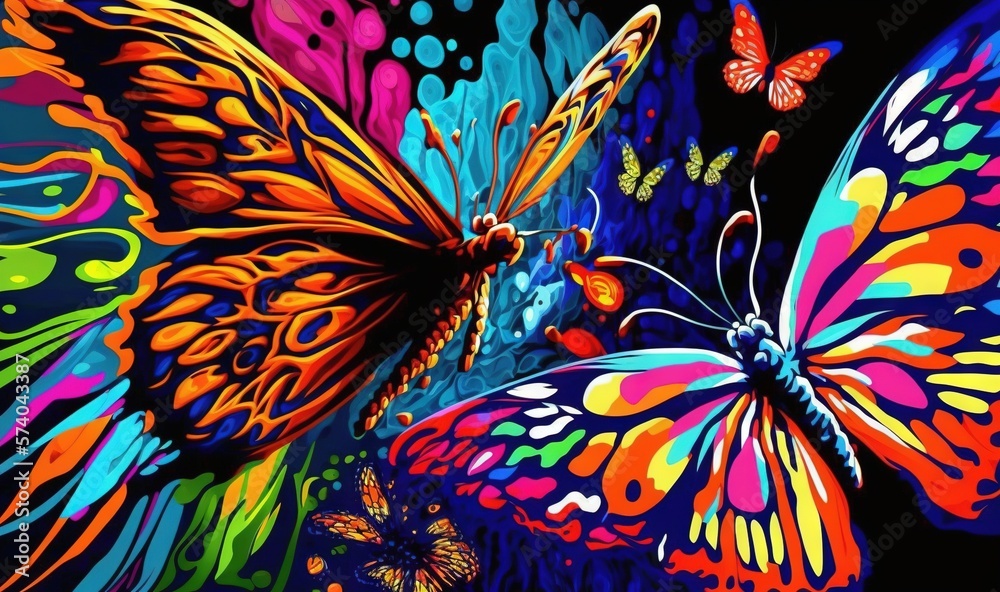  a painting of two colorful butterflies flying in the air with bubbles of color around them and a bl