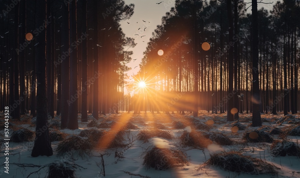  the sun is shining through the trees in a snowy area with snow on the ground and grass in the foreg