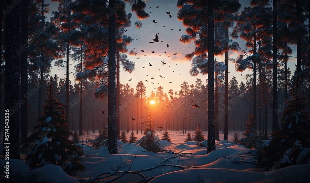  the sun is setting in a snowy forest with birds flying over the snow covered ground and trees in th