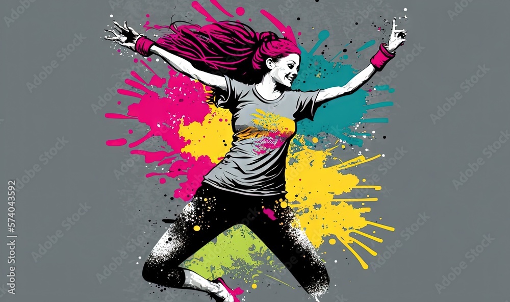  a woman is dancing with colored paint splatters on her body and arms in the air, with her hands in 