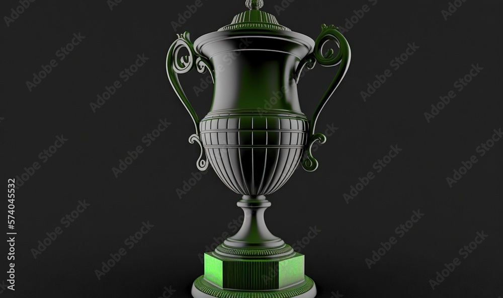  a green trophy with a black base on a black background with a green light around it and a black bac