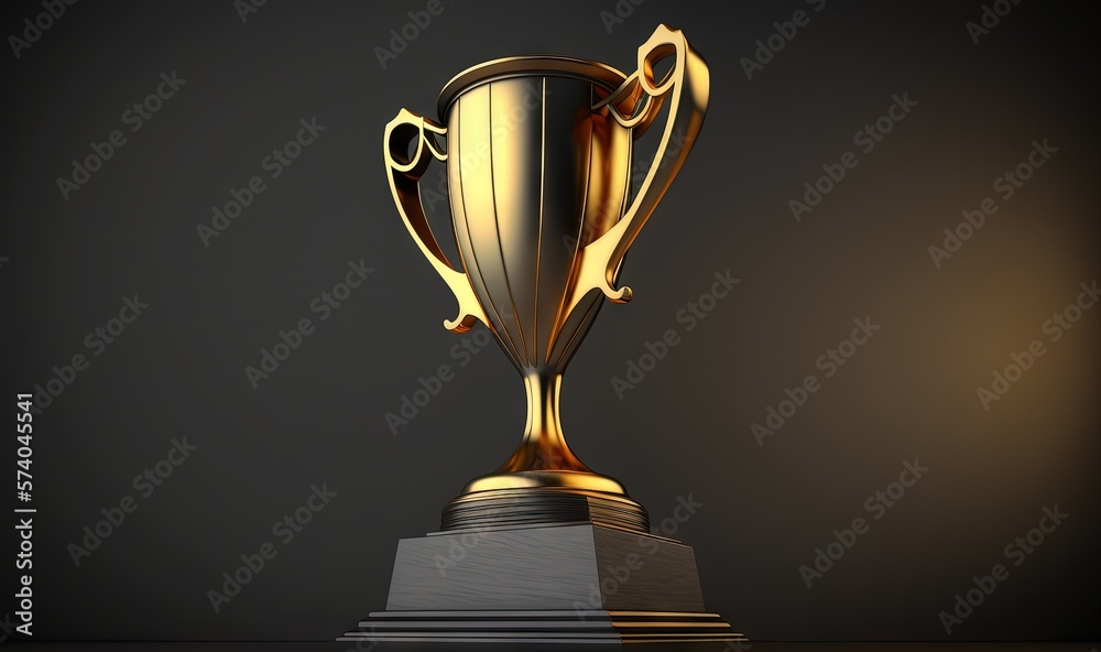  a golden trophy on a pedestal with a black background.  generative ai