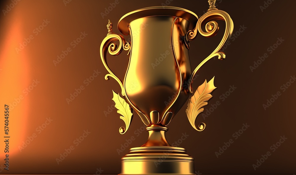  a golden trophy with a leaf decoration on its side, on a brown background, with a light reflection