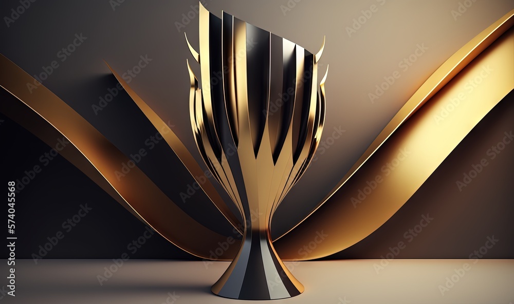  a gold trophy trophy with a black background and a gold ribbon on the top of it, with a black backg