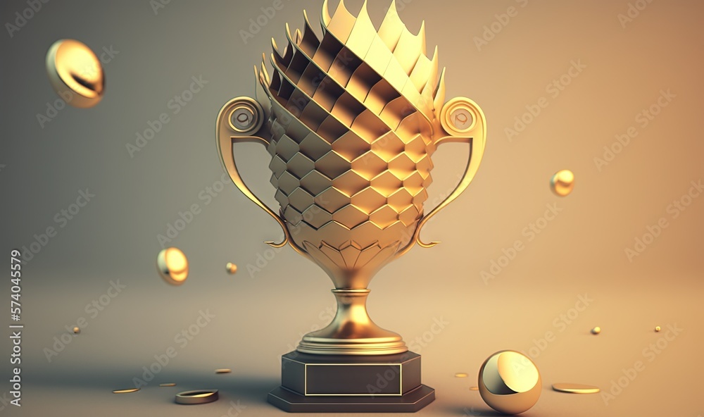  a gold trophy with a golden crown on top of it and a few gold balls around it on a gray background 