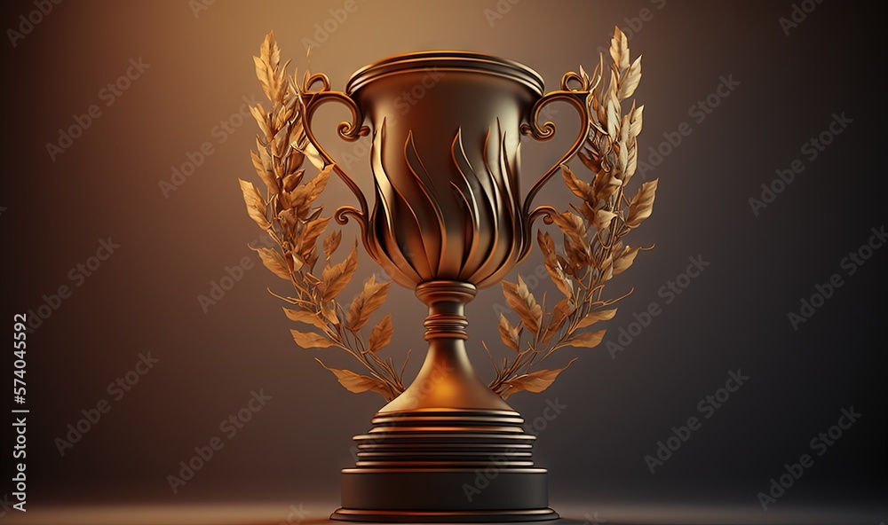  a golden trophy with a laurel around it on a black surface with a light brown back ground and a bla