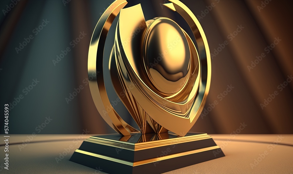  a golden trophy with a black base on a brown surface with a curtain in the backgroup of the room in