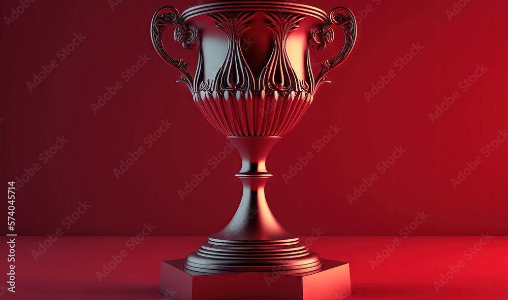  a red and black trophy sitting on top of a red table next to a red wall with a red light in the cor