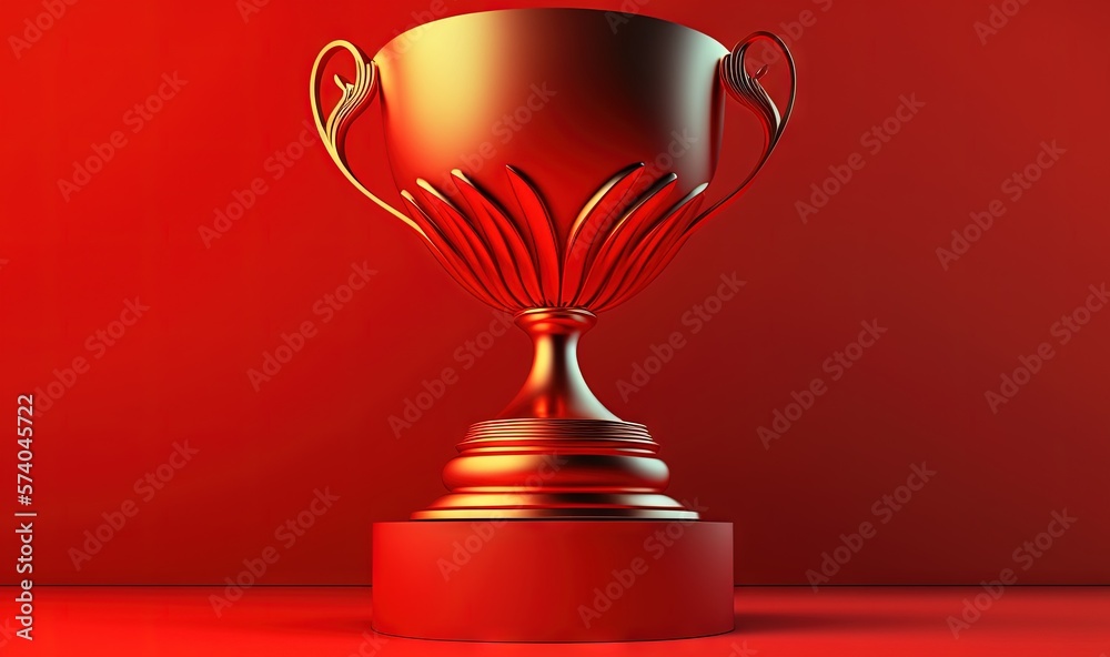  a golden trophy on a red pedestal against a red background with room for text or image 3d rendering