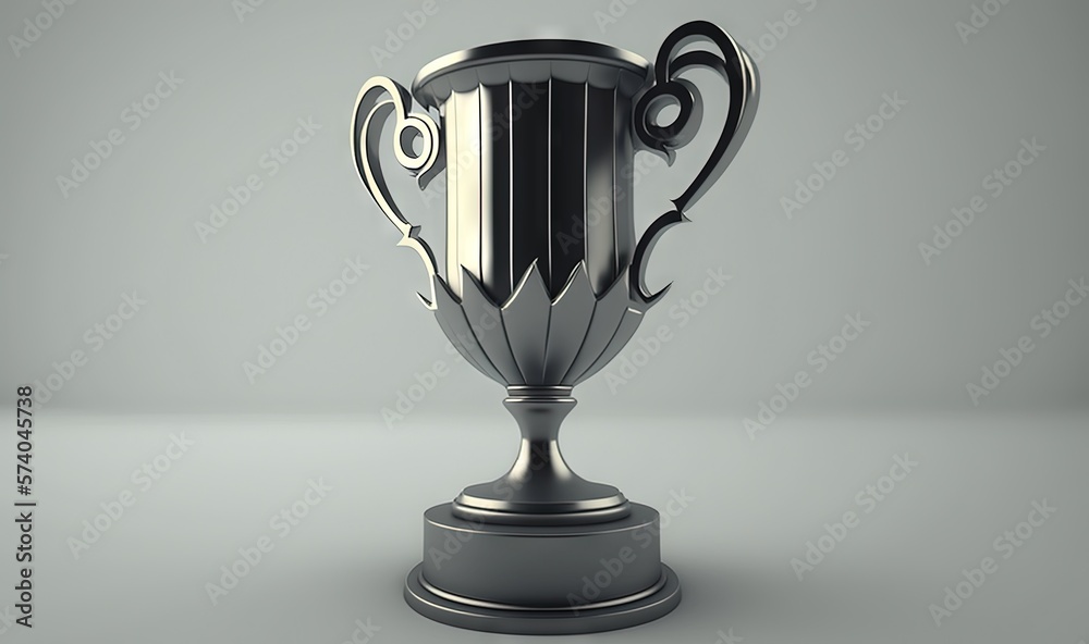  a silver trophy is on a pedestal on a gray background with a black and white design on the front of