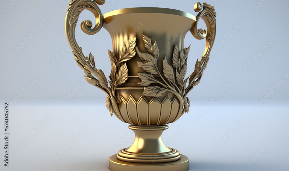  a golden vase with a leafy design on its side, on a white surface, with a light blue back ground a