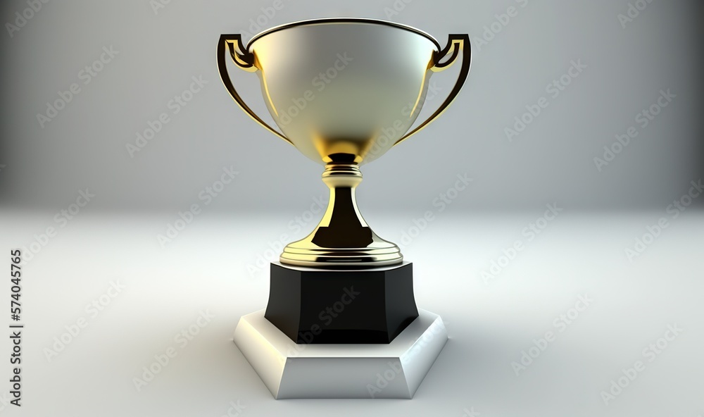  a golden trophy sitting on top of a white pedestal on a white tableclothed floor with a black base 