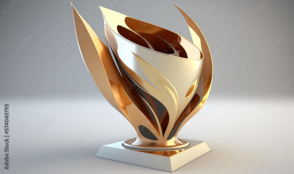  a gold and white trophy on a white pedestal with a gray background and a gray background with a gra