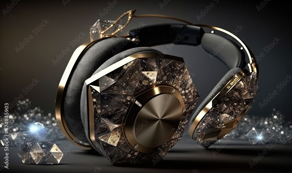  a pair of headphones with gold and diamonds on it, with a black background and a diamond - encruste