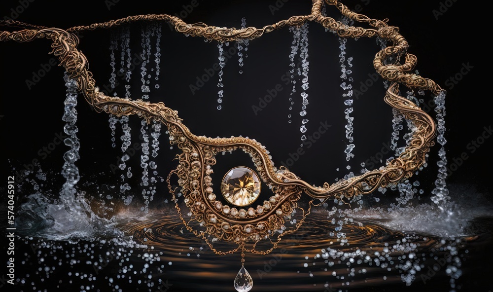  a gold necklace with a diamond surrounded by water droplets and chains of chains hanging from its 