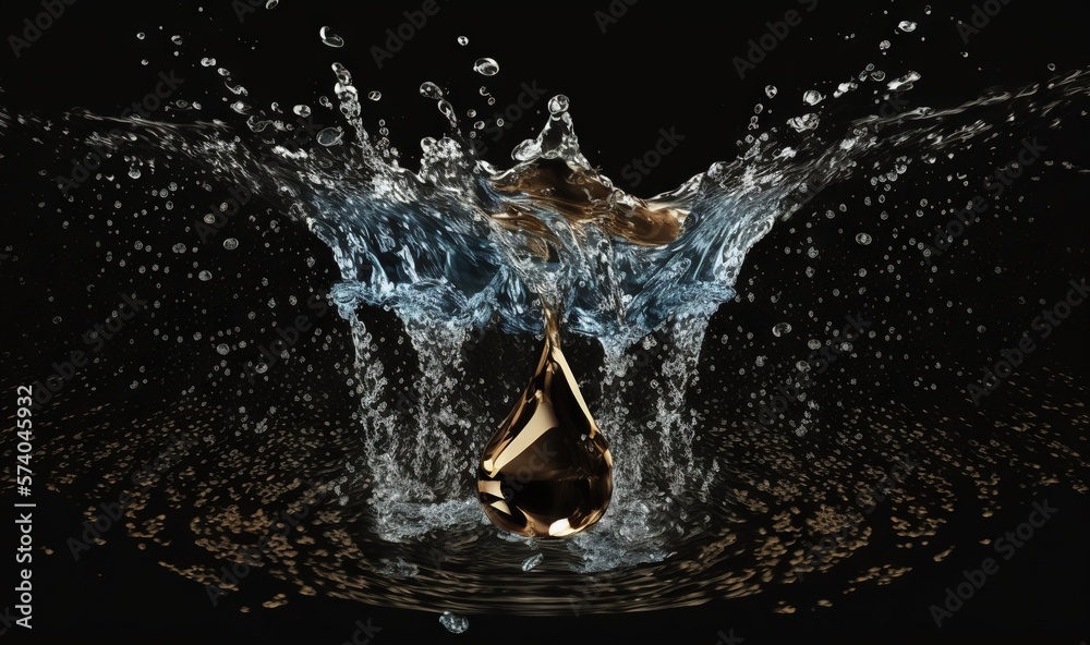  a drop of water with a splash of water on its side and a black background with a gold and silver s