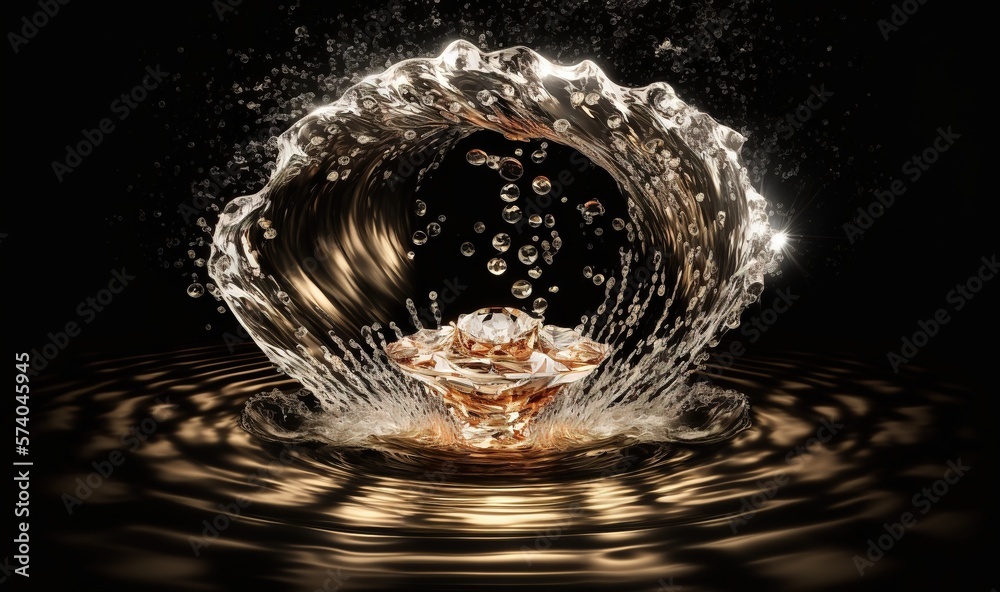  a splash of water on a black background with a light reflecting off the water and the splashing of 