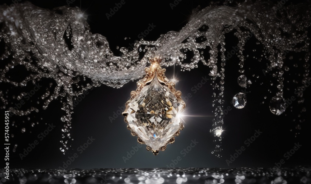  a fancy diamond hanging from a chain of water droplets on a black background with a splash of water