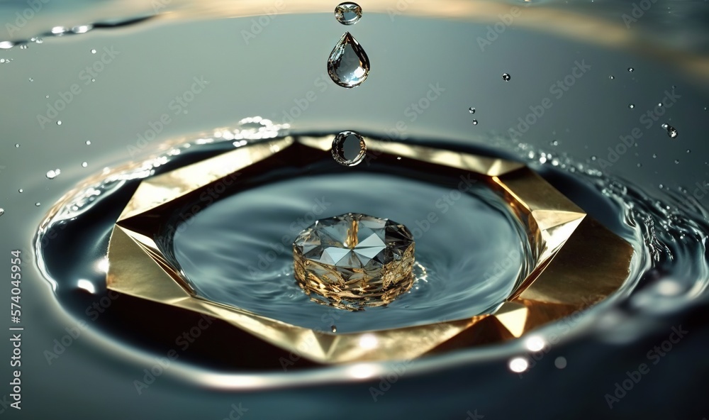  a water droplet with a diamond in its center and water droplets around it, making it look like it 