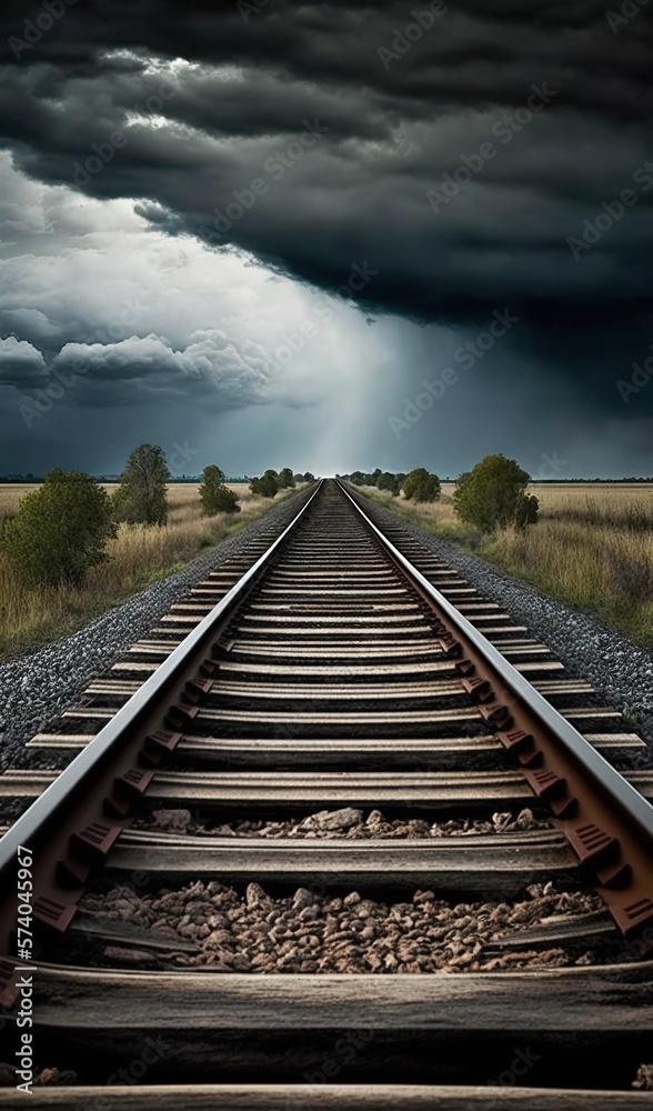  a train track with a dark sky in the background and some grass on the side of the track and a light