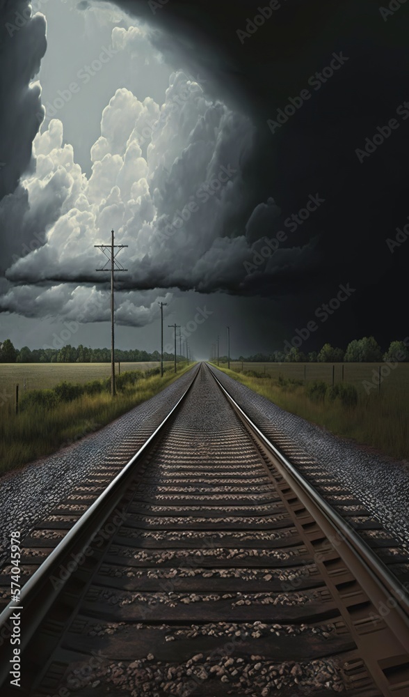  a painting of a train track with a dark sky in the background and clouds in the sky over the train 