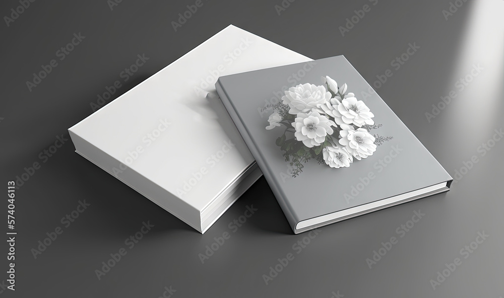  a white book with a flower on top of it next to a white book with a flower on top of it on a gray s