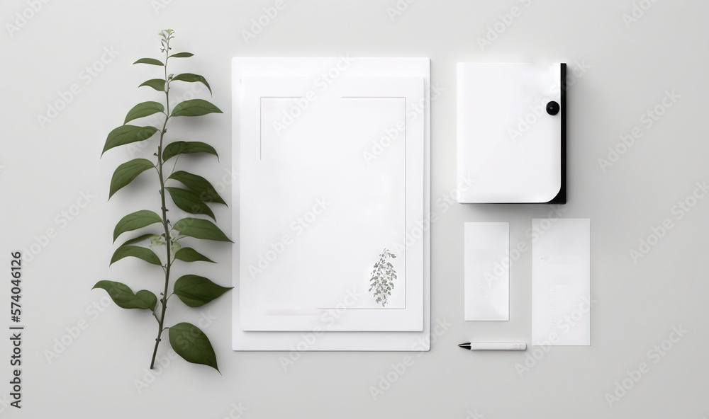  a white stationery set with a green plant and a notepad on a white surface with a black pen and a w