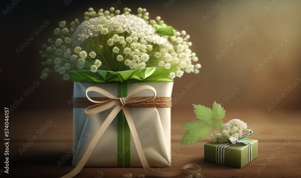  a gift box with a bouquet of white flowers in it and a green ribbon tied around the box with a bow 